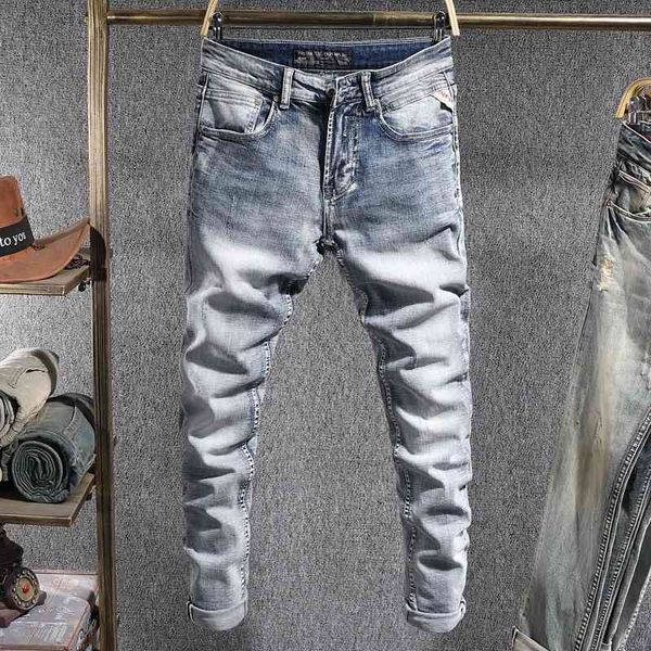 

men's jeans italian style fashion men retro light blue elastic slim fit casual denim pants vintage designer long trou
