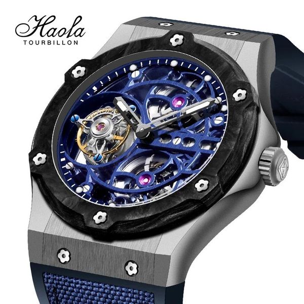

wristwatches men's haofa manual real tourbillon mechanical watch men skeleton flying carbon fiber orologio uomo, Slivery;brown