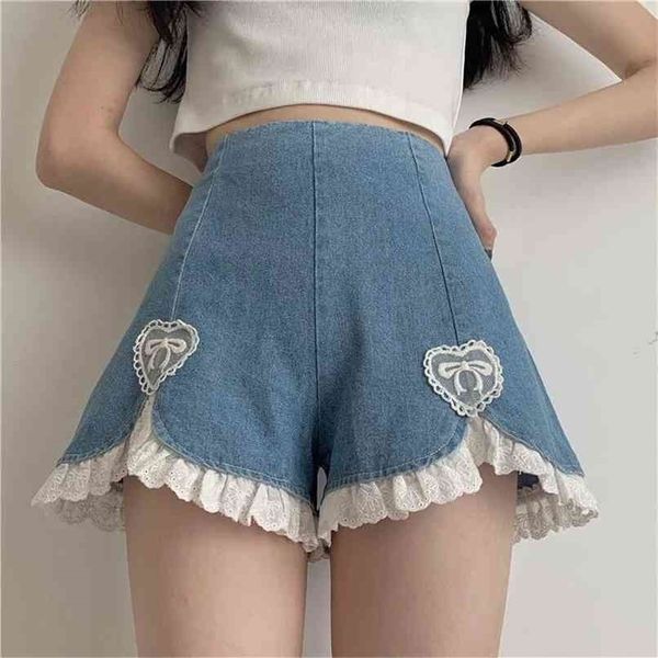 Ybyr cute lolita meninas denim shorts japonês doce cintura alta renda irregular feminino s-4xl verão kawaii sexy azul 210724