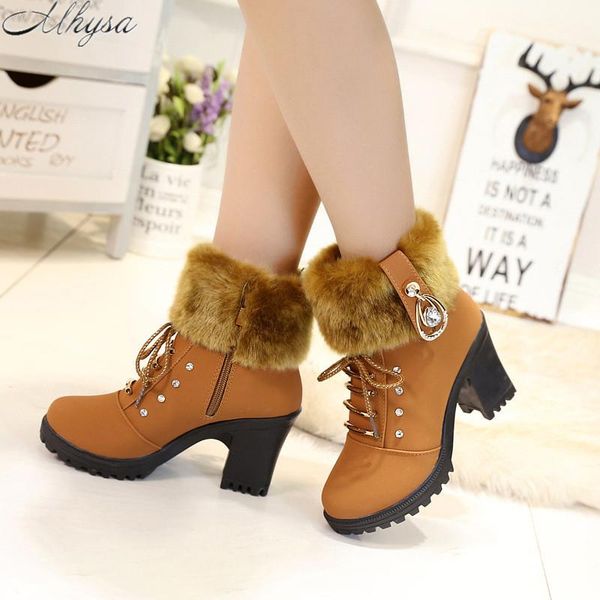 

boots 2021 women autumn winter high-heeled short thick heel snow plus velvet women's d1339, Black