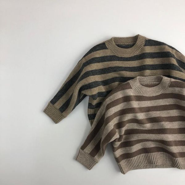 

pullover 2021 spring o-neck thick kids girls soft knitted stripe long sleeve clothes toddler baby boys sweater, Blue