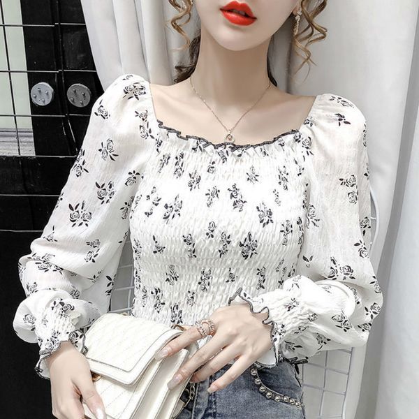 

2021 new elegant chiffon women long ruffle print blouse slim fit chic autumn women's clothing lt78, White