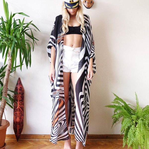 

women's swimwear melphieer 2021 zebra-print chiffon beach cover up dress tunic long pareos bikinis ups swim robe plage beachwear, White;black