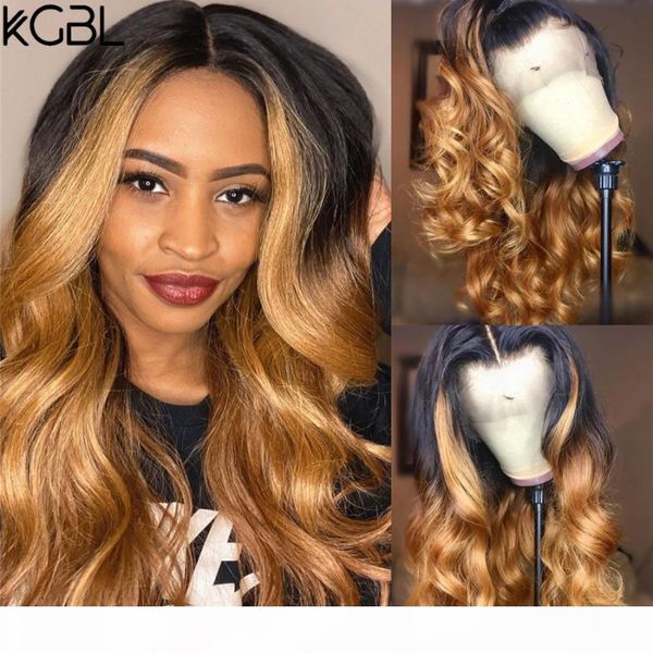 

kgbl 360 wave ombre 250 density lace frontal human hair wigs middle ratio brazilian non-remy human hair wig for black women, Black;brown