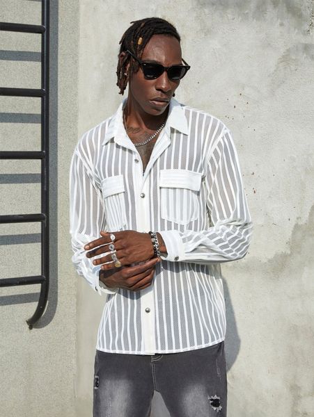 

men striped flap pocket contrast fishnet shirt z4h8#, White;black