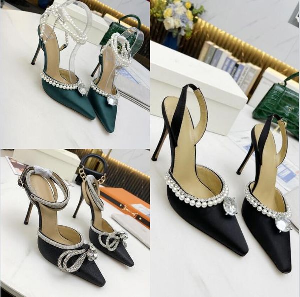 Designer-Luxus-Abendschuhe mit Satinschleife und hohem Absatz, Slingback-Schuhe, 6,5 cm, Kristallverzierung, Strassröhre, High-Heel-Sandalen für Damen, Hausschuhe