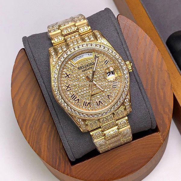 

full diamond men's fashion watch quartz 42mm sapphire mirror stainless steel case swimming men's wristband, Slivery;brown