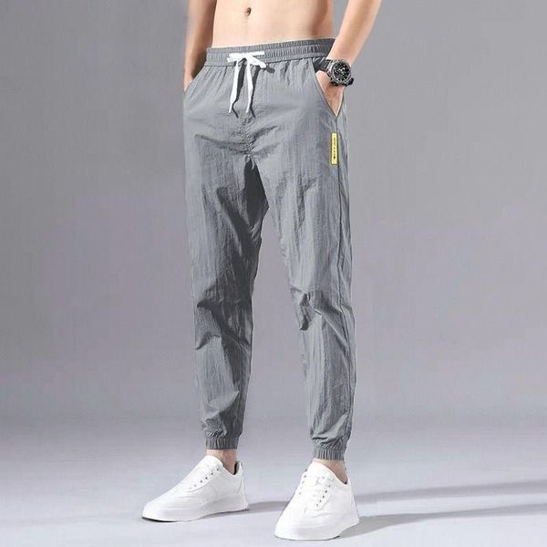 

men's ice silk thin summer fashion all-match casual sports quick-drying cropped feet pants, Black