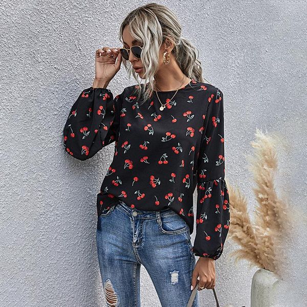 

women's blouses & shirts 2021 spring cute ladies cherry print black o neck long puff sleeve t shirt for women plus size, White