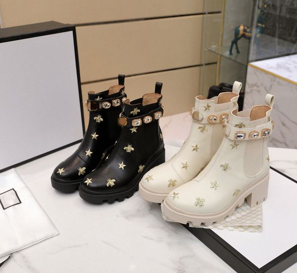 

martin short boots 100% cowhide belt buckle metal women shoes classic bee thick heels leather designer high heeled fashion diamond lady boot, Black