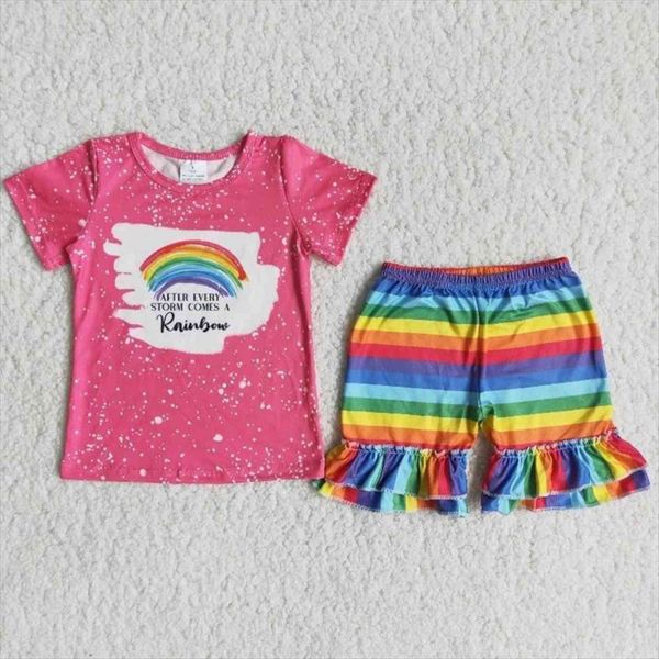 

wholesale baby girls boutique summer clothing tie dye pink shirt colorful rainbow ruffle shorts children kid set fashion outfit, White
