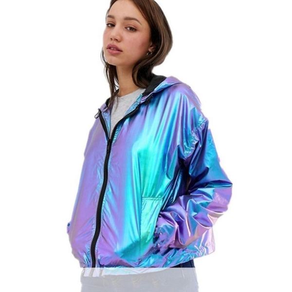 

women's jackets 2021 women fashion reflective jacket female casual sports long sleeve hooded short coat ladies hip-hop streetwear, Black;brown