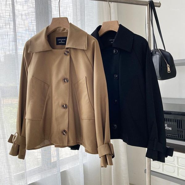 

women's trench coats hxjjp 2021 autumn winter cargo windbreaker drawstring vintage pockets outerwear oversize, Tan;black