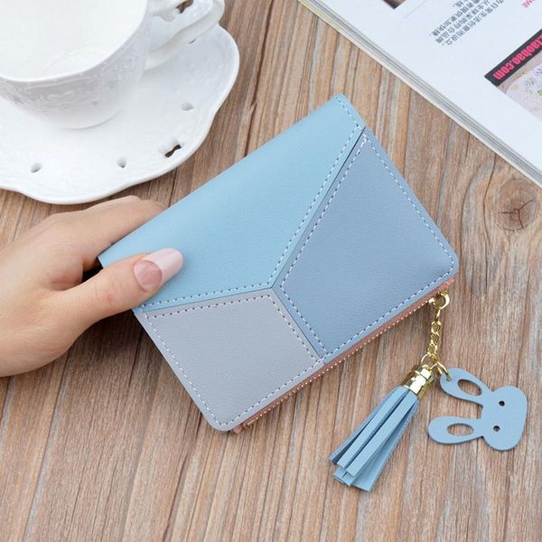 

card holders 2021 holder short women's wallets zipper purse patchwork fashion panelled trendy coin leather tassel carteira, Brown;gray