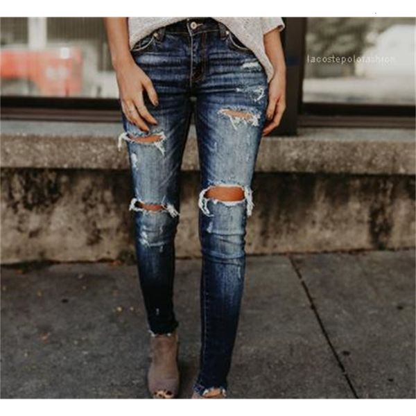 

vintage ripped casual mid waist jeans designer women pencil pants new style women jeans leggings fashionable, Blue