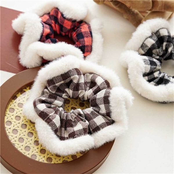 

buffalo plaid houndstooth scrunchies women girls plush fleece scrunchie elastics hair ties rope band ponytail holder christmas new year part, Slivery;white
