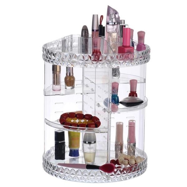 

acrylic cosmetic storage box 360 degree rotating stand deskmakeup display rack for (large, diamond pattern)