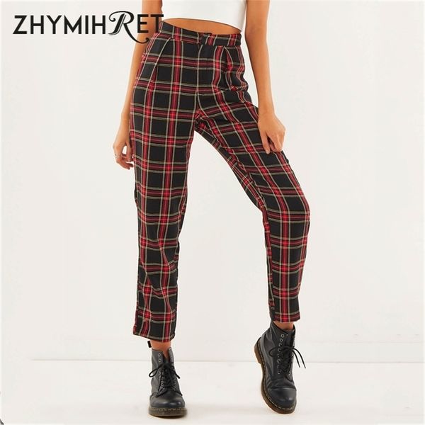 

zhymihret autumn cotton straight plaid women's pants ankle-length zipper capris casual mid waist trousers pantalon femme 211007, Black;white