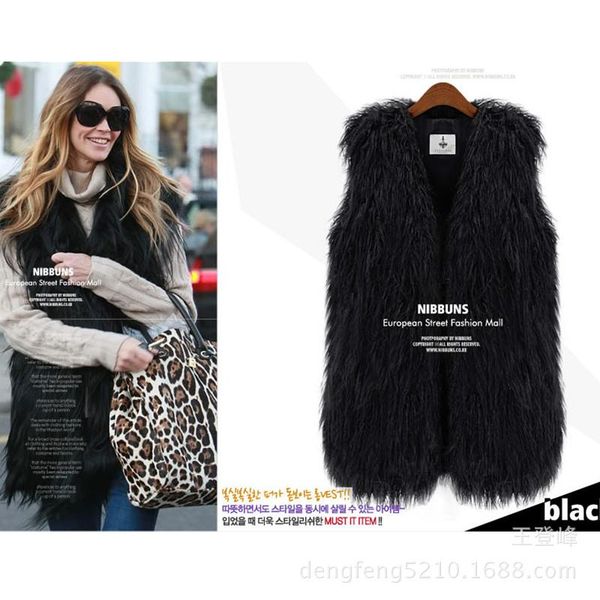 

women's fur & faux autumn and winter imitation coat waistcoat women long beach wool vest, Black