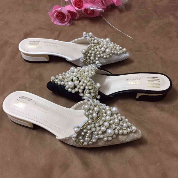 

slippers handmade shoes pearl woman beading string mules pointed toe sandals home slides women beaded summer flipflops zn6q, Black