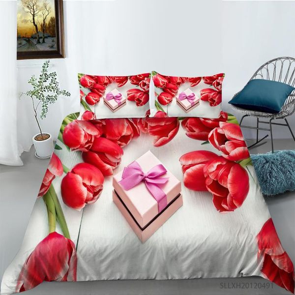 Conjuntos de cama Luxo Flores Vermelhas e Caixa de Presente Impressão Conjunto de Quilt Capa Com Pillucases Bedclothes Todos os tamanhos 2 / 3PCS