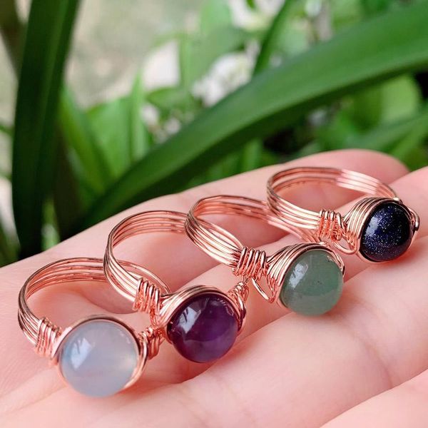 

wedding rings wire wrapped crystal ring healing natural stone purple amethysts agates pink quartz party jewelry women finger gift, Slivery;golden