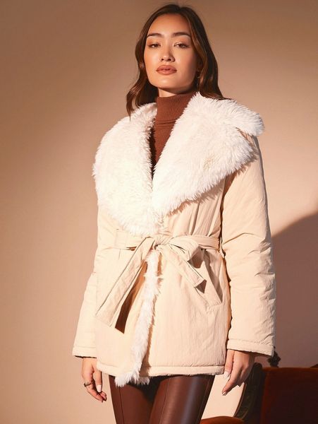 

teddy lined waterfall collar belted winter coat 73sl#, Black