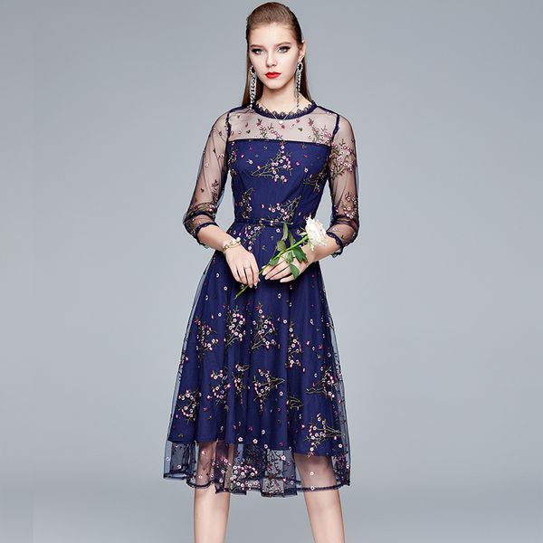 

summer floral autumn embroidered elegant liquid thread three quarters tall sleeve swing the blue dressed ta8812 party line xrtx, Black;gray