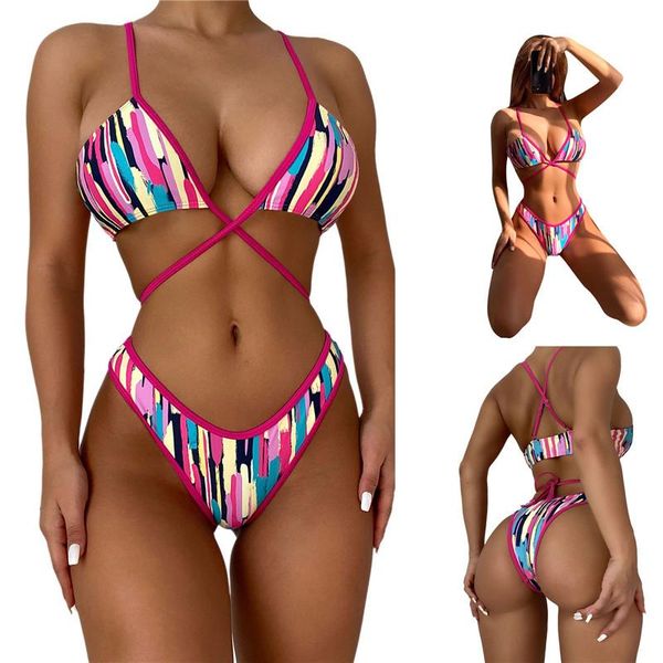 

women's swimwear women two-piece stripe printing bikini suit summer swimming clothes set variegated color adjustable strap and shorts, White;black