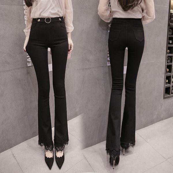 

2021 spring and autumn fashion new micro bell bottom pants female lace high waist was thin black large size leggings pfiv, Black;white
