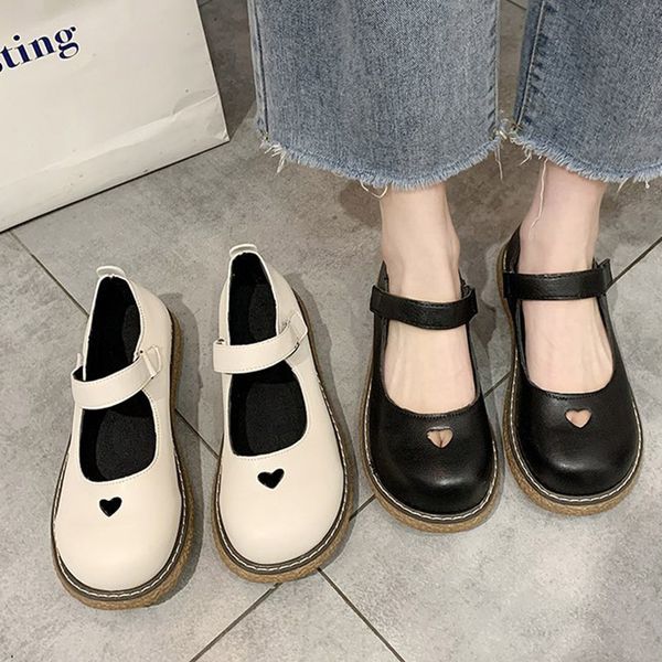 

2021 spring lolita shoes heart cut ankle strap mary janes shoes black platform shoes woman flats girls princess shoe black 8936n, Black;white