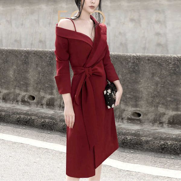 

2021 spring sling off shoulder long sleeve belt slim drs party suit tuxedo, Black;gray