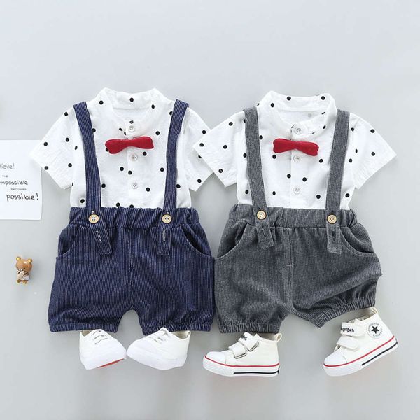 

summer suit new middle and small short sleeve all cotton shirt two piece set of suspenders children's, Blue