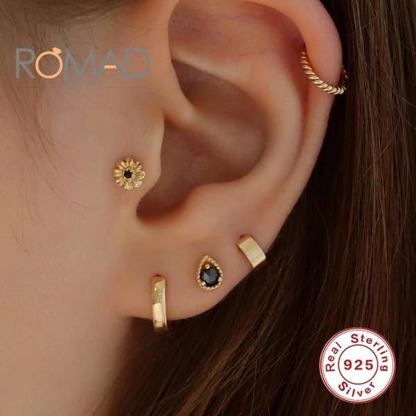 

stud romad 1pcs 925 sterling silver black zircon earrings korean women mini irregular round jewelry aretes de mujer, Golden;silver