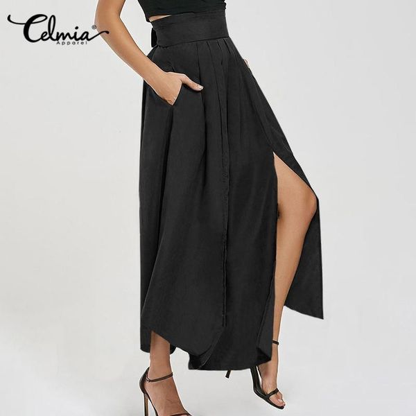 

celmia women's fashion hakama pants 2021 casual asymmetrical split high waist trouser elegant solid office lady pantalon 5xl 7 & capris, Black;white