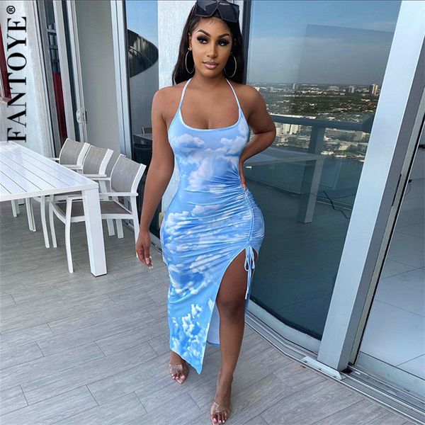 

2021 new blue tie-dye split ruched fold drawstring women halter sleeveless backless ny partywear female vestidos pe5g, Black;gray