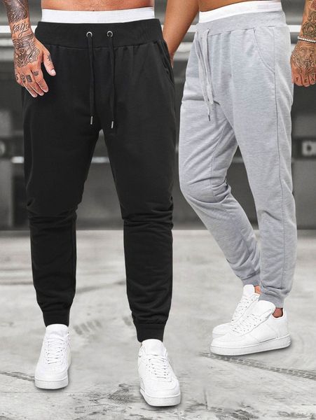 

men 2pcs slant pocket drawstring waist solid sweatpants 755x#, Black