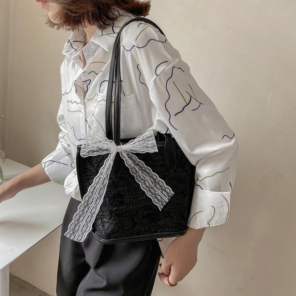 

evening bags large tote bag fashion shoulder for women lace female pu leather trendy bow bucket shopper 2021 versatile handbags