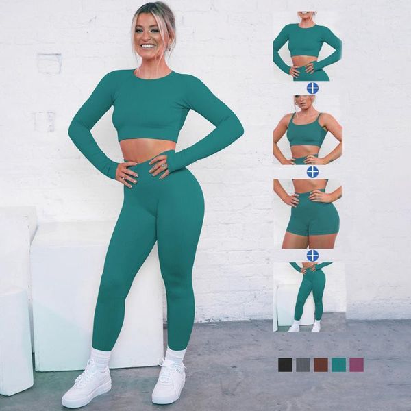 

yoga outfit set seamless sports women workout clothes long sleeve crop bra pants shorts women's tracksuit