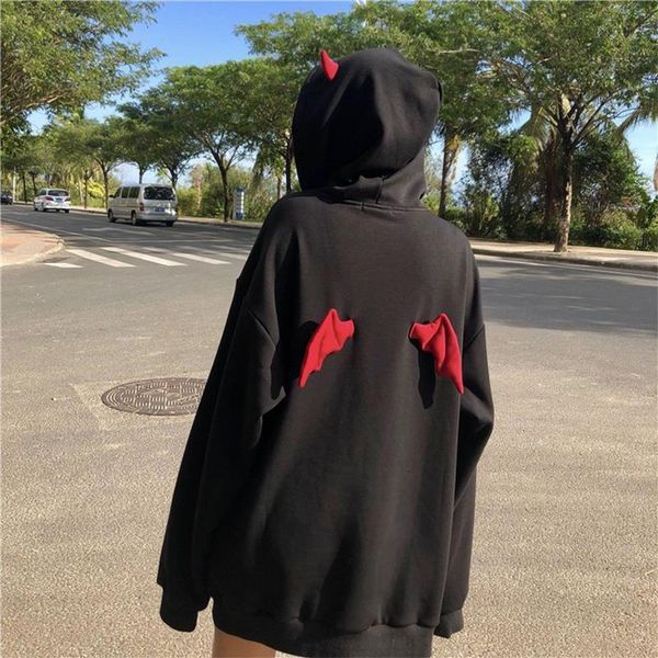 

autumn warm hoodie sweatshirt women fashion harajuku devil wing patchwork hoodies sweatshirt female casual streetwear pullover, Black