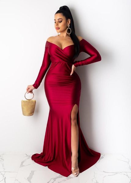 

casual dresses felyn 2021 elegant fashion solid formal dress off shoulder ruched long sleeve mermaid maxi vestidos bb199, Black;gray