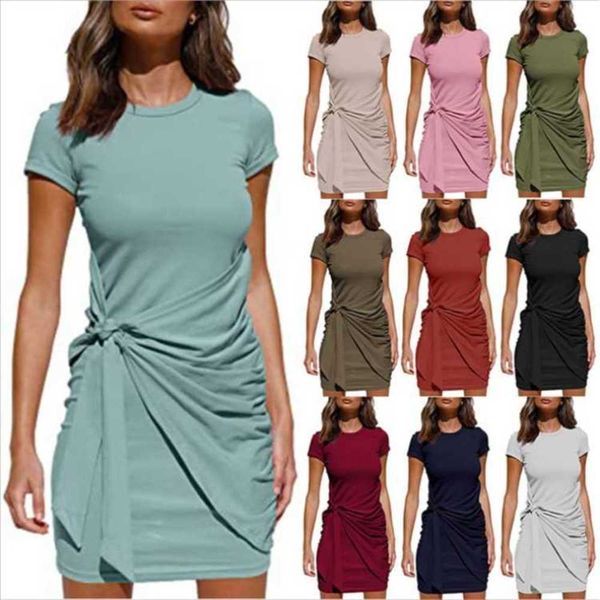 

short sleeve round neck pleated bow belt irregular dress, Black;gray