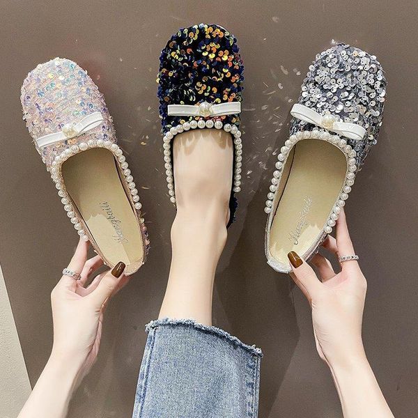 

slippers sequin mules shoes women glitter flat closed toe sandals summer outdoor shiny half zapatos mujer a578, Black