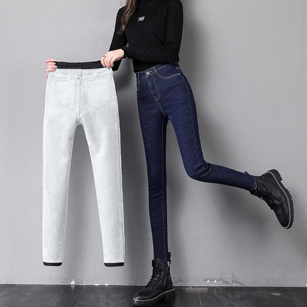 

women's jeans women's pants high waist korean fashion slim elasticity winter plus velvet thickening for girls pencil, Blue