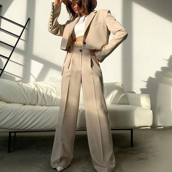 

women's two piece pants floy fashion casual solid suits women elegant single button short blazers suit full length wide leg ladies, White