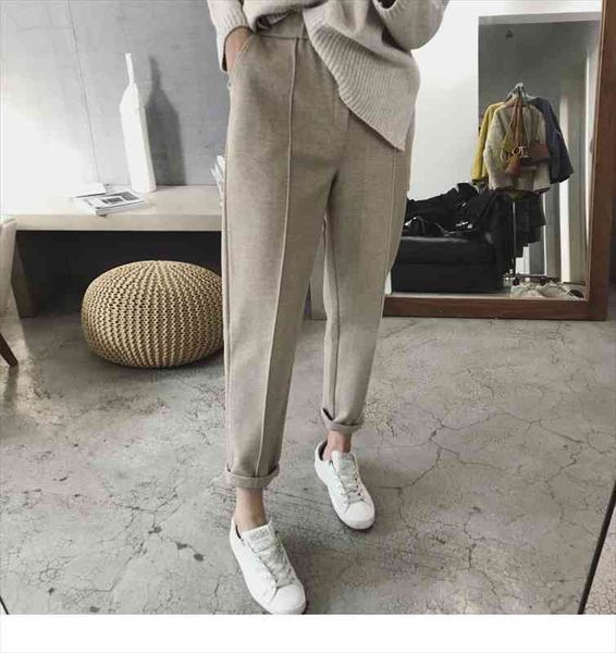 

style winter thicken women pencil pants wool pants female autumn high waist loose trousers capris soft good fabric, Black;white