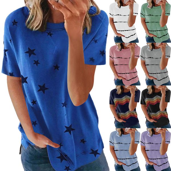 

2021 spring and summer new european and american selling women's wear new round neck short sleeve printed t-shirt split women's we, White