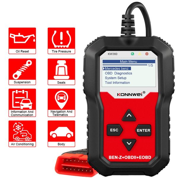 KONNWEI KW360 Obd2 Scanner per auto Obd 2 Strumenti diagnostici per Mercedes-Benz Strumento diagnostico completo per sistemi ABS Airbag Reset olio ABS