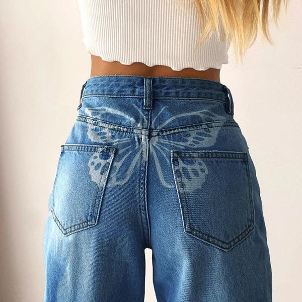 

women's jeans jaycosin butterfly print y2k harajuku fashion women streetwear casual baggy trousers straight high waist denim pants 0305, Blue