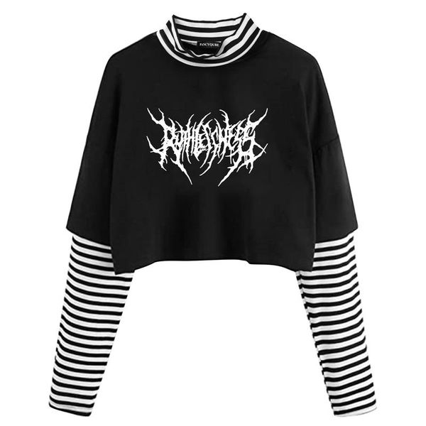 

women's t-shirt fake two piece gothic women striped patchwork cropped long sleeve turtleneck harajuku tshirts summer clothes, White